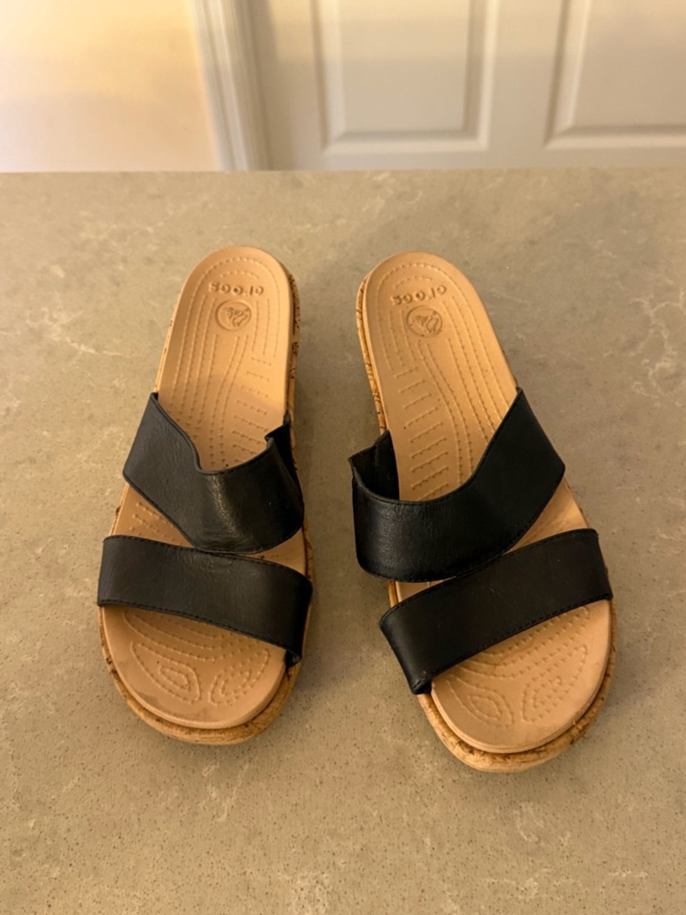CROCS Black Double-Strap Cork-Trim Slide Sandals size 9